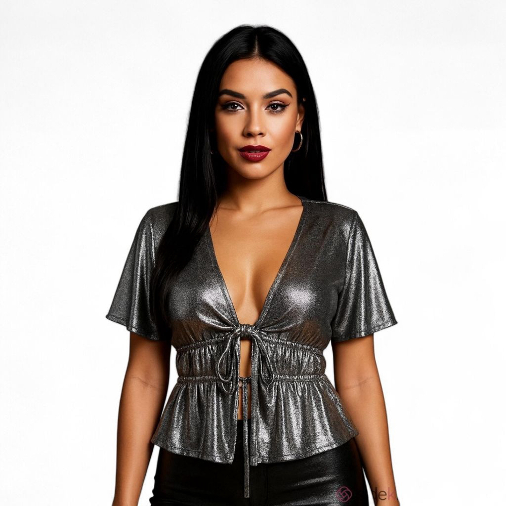 ASOS Silver Metallic Tie-Front Blouse - Size US 0